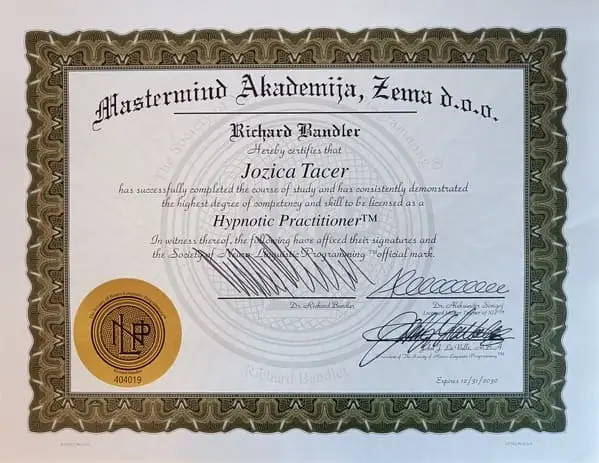 AMERIŠKI CERTIFIKAT CERTIFICIRAN PRAKTIK HIPNOZE